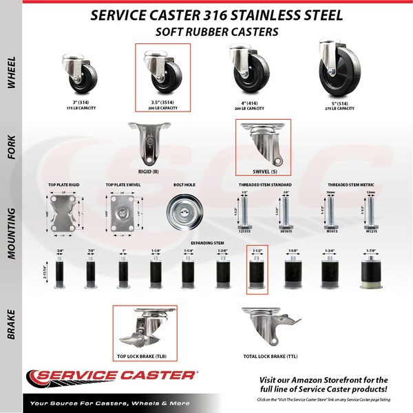 Service Caster 3.5 Inch 316SS Soft Rubber Wheel Swivel 1-1/2 Inch Expanding Stem Caster Brake SCC-SS316EX20S3514-SRS-TLB-112 - main